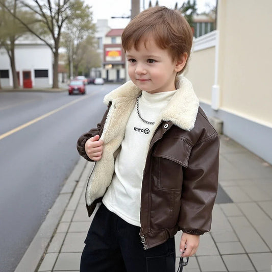 Boys' Cozy Winter Leather Jacket